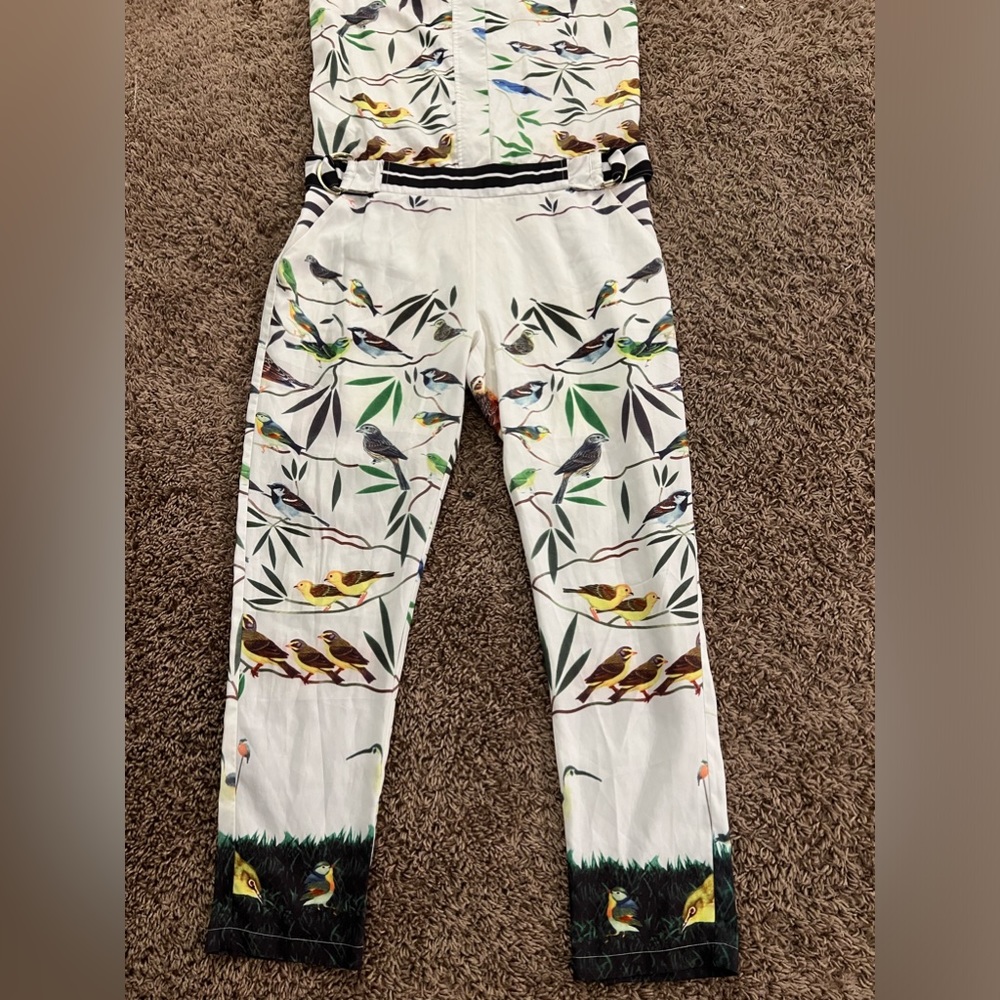 Designer unique boutique ERMIS sleeveless jumpsuit ROMPER birds bees floral Lg - Picture 2 of 7
